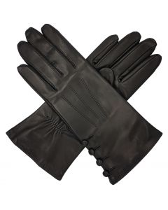 Kate - Silk Lined Leather Gloves with Buttons-Black-S