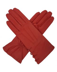 Kate - Silk Lined Leather Gloves with Buttons-Red-S