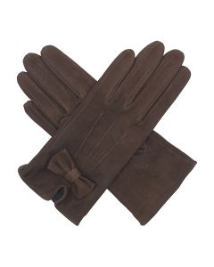Kitty - Silk Lined Suede Leather Gloves with Bow-Brown-S