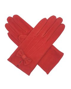 Kitty - Silk Lined Suede Leather Gloves with Bow-Red-S