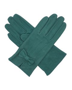 Kitty - Silk Lined Suede Leather Gloves with Bow-Teal-S